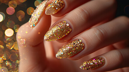 Golden glitter manicure, close-up.!