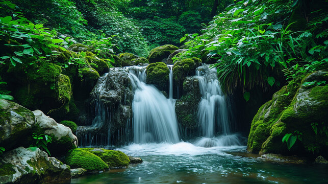A powerful image of a pristine waterfall cascading down moss-covered rocks in a lush rainforest. The crystal-clear water and vibrant greenery symbolize the beauty and importance of