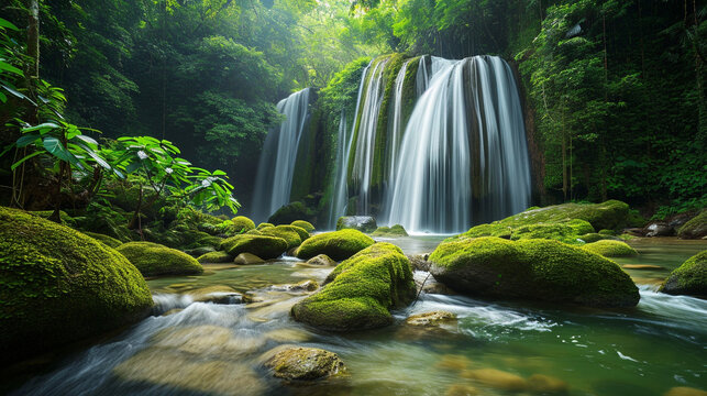 A powerful image of a pristine waterfall cascading down moss-covered rocks in a lush rainforest. The crystal-clear water and vibrant greenery symbolize the beauty and importance of