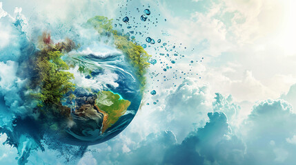 An artistic representation of the water cycle, featuring swirling clouds, falling raindrops, flowing rivers, and evaporating mist. The visually dynamic image highlights the continu