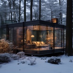 Fototapeta premium A glass room in a snowy forest, with a modern and minimalist aesthetic, harmoniously blends with the dark and moody landscape, creating a warm and welcoming ambiance thanks to natural light