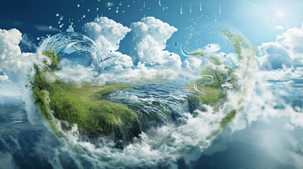 An artistic representation of the water cycle, featuring swirling clouds, falling raindrops, flowing rivers, and evaporating mist. The visually dynamic image highlights the continu - obrazy, fototapety, plakaty