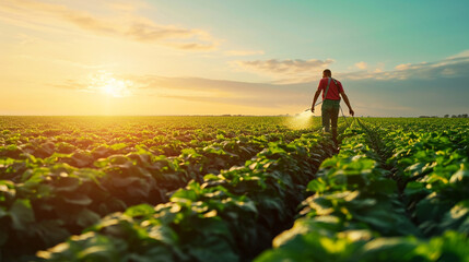 A farmer irrigating a vibrant green field using sustainable water management practices. The image emphasizes the crucial role of water in agriculture and the need for responsible w - obrazy, fototapety, plakaty