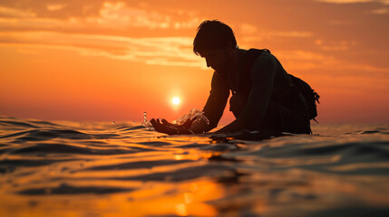 A conservationist releasing rehabilitated marine life back into the ocean against the backdrop of a setting sun. The image symbolizes the efforts to protect and restore aquatic eco