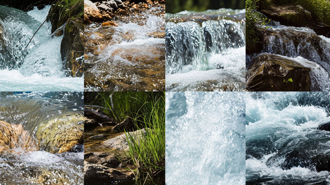 A collage of diverse water sources, from babbling brooks to powerful waterfalls, showcasing the various forms and environments in which water exists. The image serves as a visual r