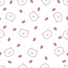 Seamless funny pattern with funny head cats and strawberry.