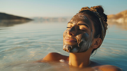 Young woman enjoying spa at Dead Sea with mud mask on face.  - obrazy, fototapety, plakaty