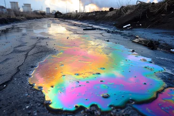 Fotobehang A film of petroleum products shimmers iridescently on the surface of an asphalt road. The aftermath of a chemical spill, a dangerous pollution that threatens land and water. © alisluch