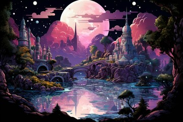 Bewitching moonstone fountains in Fantasy - Generative AI - obrazy, fototapety, plakaty