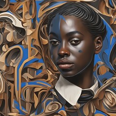 Illustration of diverse Black brown  Woman Girl with beautiful face with blue paint on abstract backround like street art or carving. very detailed Expression social woke gender, ethnicity race theme 