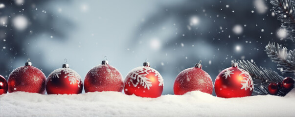 Beautiful red christmas decoration balls in amazing snow