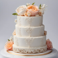 Luxury Delicious Wedding Cake for MArriage Party Celebration Invitation with Roses Floral Flower Ornament Decoration Card Family Ceremony Man Woman Love for Future Luck with Dessert Food Frosting 