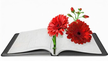 notebook and red flowers isolated illustration
