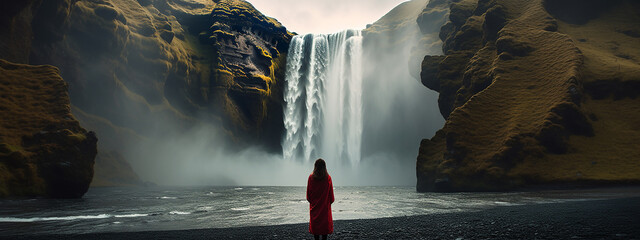 Woman overlooking waterfall at skogafoss, Iceland 