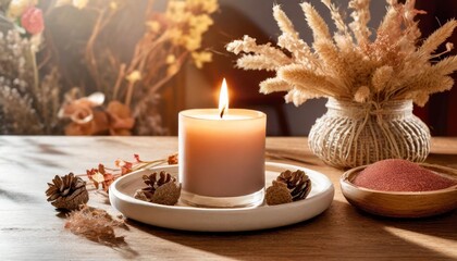 Fototapeta na wymiar aroma candle on the table warm aesthetic composition with dry flowers cozy home comfort relaxation and wellness concept interior decoration mockup