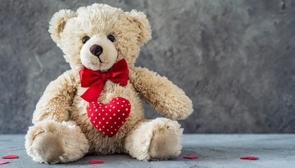 a small teddy bear with hearts sitting on a gray concrete background side view selective focus copy space valentine s day