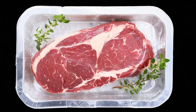 juicy raw meat cut beef entrecote slice in the plastic foam tray isolated transparent png top view