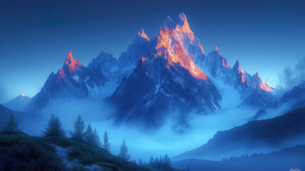 Atmospheric etheric mountains, immersed in dusk, as if to come to life under the mystical exposure