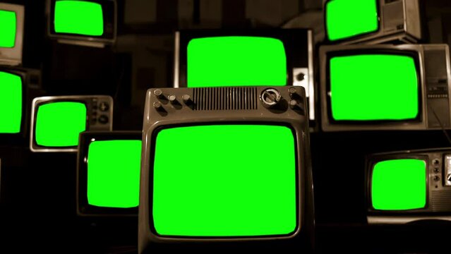 Old Retro TVs Green Screen. Sepia Tone. 4K Resolution.