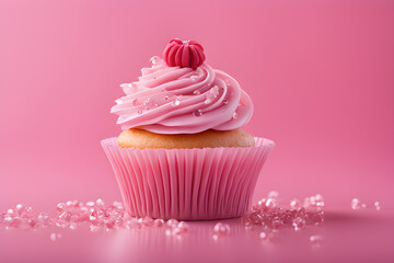 Pink Cupcake Dessert with thick Cream Icing and Pearls like Girl Woman Child Birthday celebration Party Dream Product Display of tasty Decoration Sweet Candy with Buttercream or Valentines Day