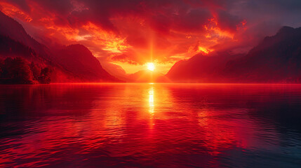 Bright red references of sunset against the background of the etheric mountains create a magical p - obrazy, fototapety, plakaty