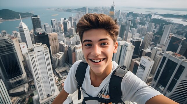 A young man takes a joyous selfie with a sprawling cityscape backdrop, capturing the essence of urban exploration. - Powered by Adobe