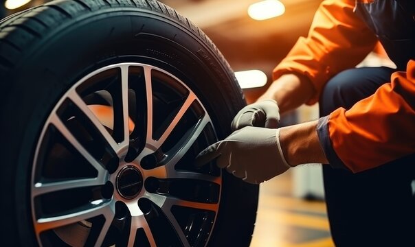 A car mechanic changes a wheel on a car