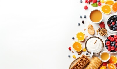 Top view of Healthy breakfast concept with fresh pancakes, berries, fruit on white backgroudt. Free...