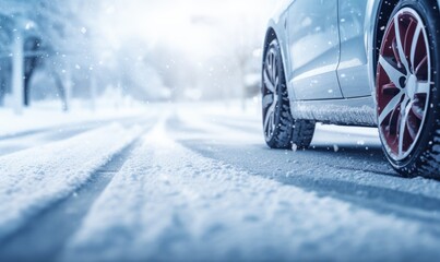 Winter tires on snow road with amazing background. Close up photo of winter tires