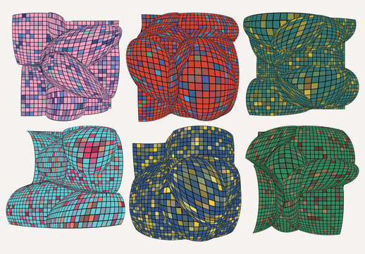 Set of Colored Geometric 3D computer modeled wire frame futuristic objects