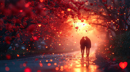 The background of Valentine's Day, with delicate shades of sunset and cascades of falling stars, c
