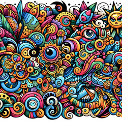 Fantasy Doodle World: Colorful doodle art pattern with various objects