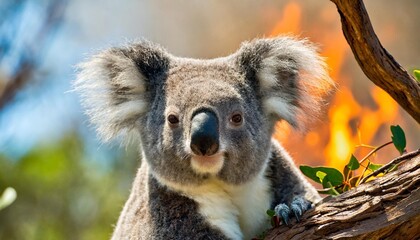 koala with the bush fire on the background burning forest in au