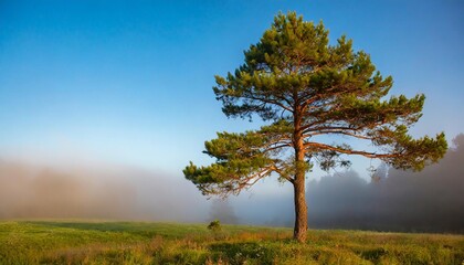 pine tree in a clearing in the evening fog