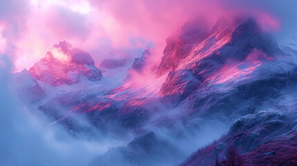 The etheric mountains, shrouded in pink clouds, create the impression of tenderness and romance - obrazy, fototapety, plakaty