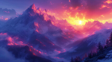 The etheric mountains shrouded in purple clouds create the impression of a mystical sunset