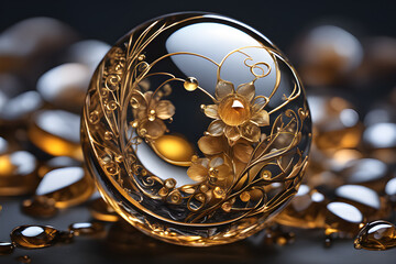 Crystal Glass Ball Jewelry with Golden Floral Ornament Decoration for Background Product Decoration Luxury Quality Expensive beautiful Lifestyle Design with Bokah Bokeh dark Backdrop Reflection