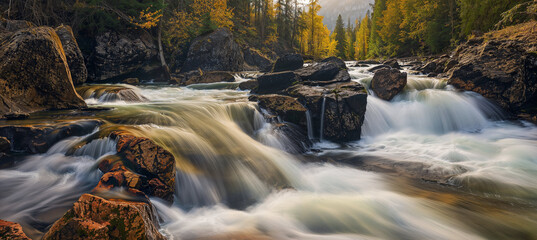 water flowing over river rocks in a forest with motion blur