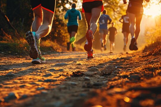 A group of runners running on a dirt road. Generative AI