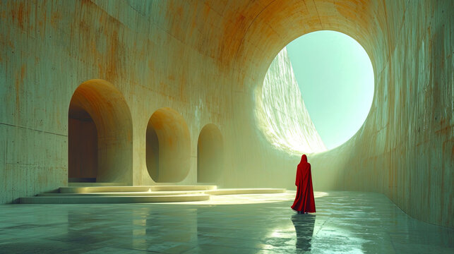 The linear structures of the geometric portal create a visual rhythm and movement in space