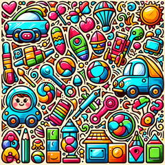 Toyland Adventure: Colorful Kids Toys doodle art pattern with various objects