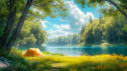 The yellow tent is on the beach. A lake surrounded by a lush landscape under a vivid blue sky. The sun shines brightly, casting its rays through the leaves of the overhanging branches of a large tree - Powered by Adobe