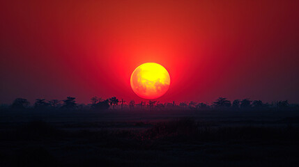 The sun, leaving a mark in the sky, creates a gradient of sunset, like a picture in honor of the o
