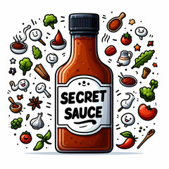 bottle of Secret Sauce graphic with ingredient floating around