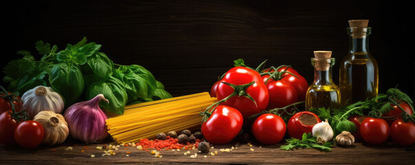 Italian food background on black stone board. Pasta, fresh tomatoes, basil, garlic, spices. Top view with copy space