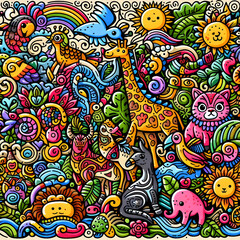 Obraz premium Rainbow Safari: Colorful Animals doodle art pattern with various animals