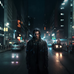 Brunette cyberpunk man in the night city looking at camera