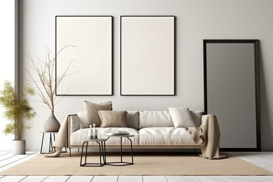 Modern interior with a minimalist living room featuring a poster frame. 3D rendering and illustration. Generative AI