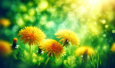 a pair of yellow dandelion flowers in full bloom background