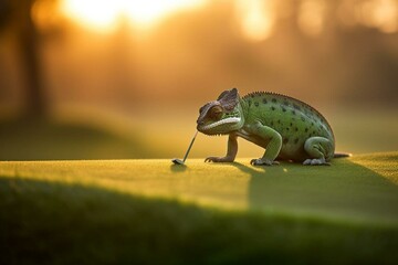 Chameleon golfer putts at sunrise. Generative AI
